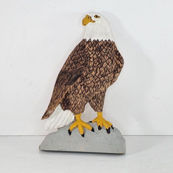 Handcrafted Wooden Bald Eagle Sculpture Figurine Flat Back Hand Painted Folk Art - Picture 2 of 8